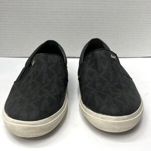 MICHAEL KORS Shoes Women's 7.5M Sneakers Black Logo Print Coated Canvas Slip -On